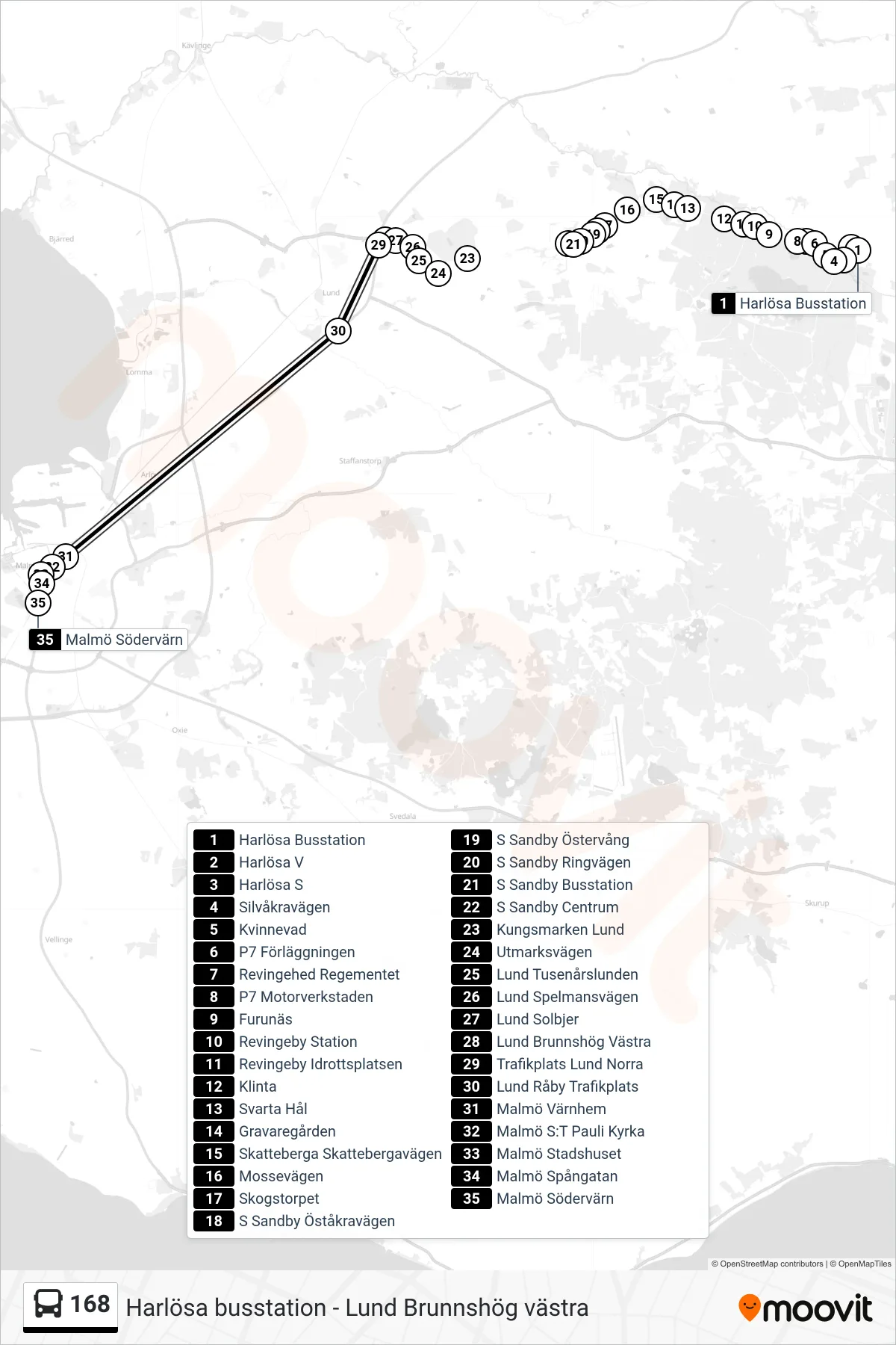 Rutt och hållplatser på karta för linje 168  spårvagn, (Malmö Södervärn)