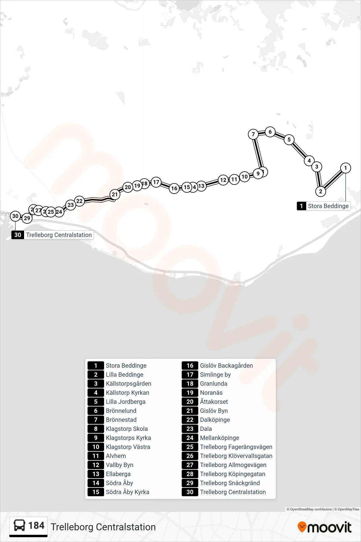 Rutt och hållplatser på karta för linje 184  spårvagn, (Trelleborg Centralstation)