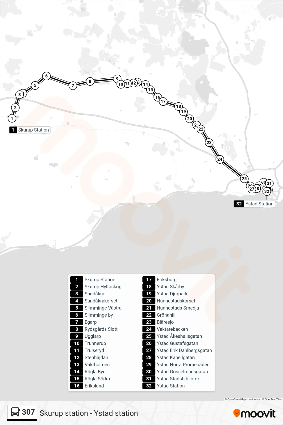 Rutt och hållplatser på karta för linje 307  spårvagn, (Ystad Station)
