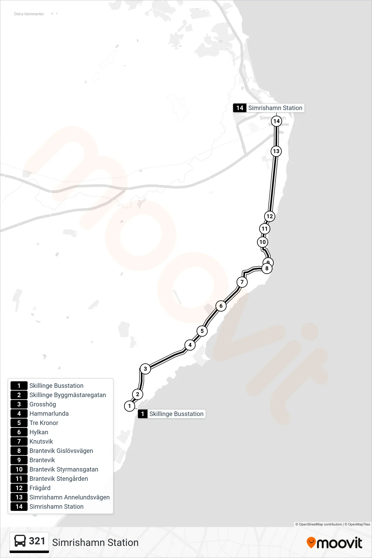 Rutt och hållplatser på karta för linje 321  spårvagn, (Simrishamn Station)