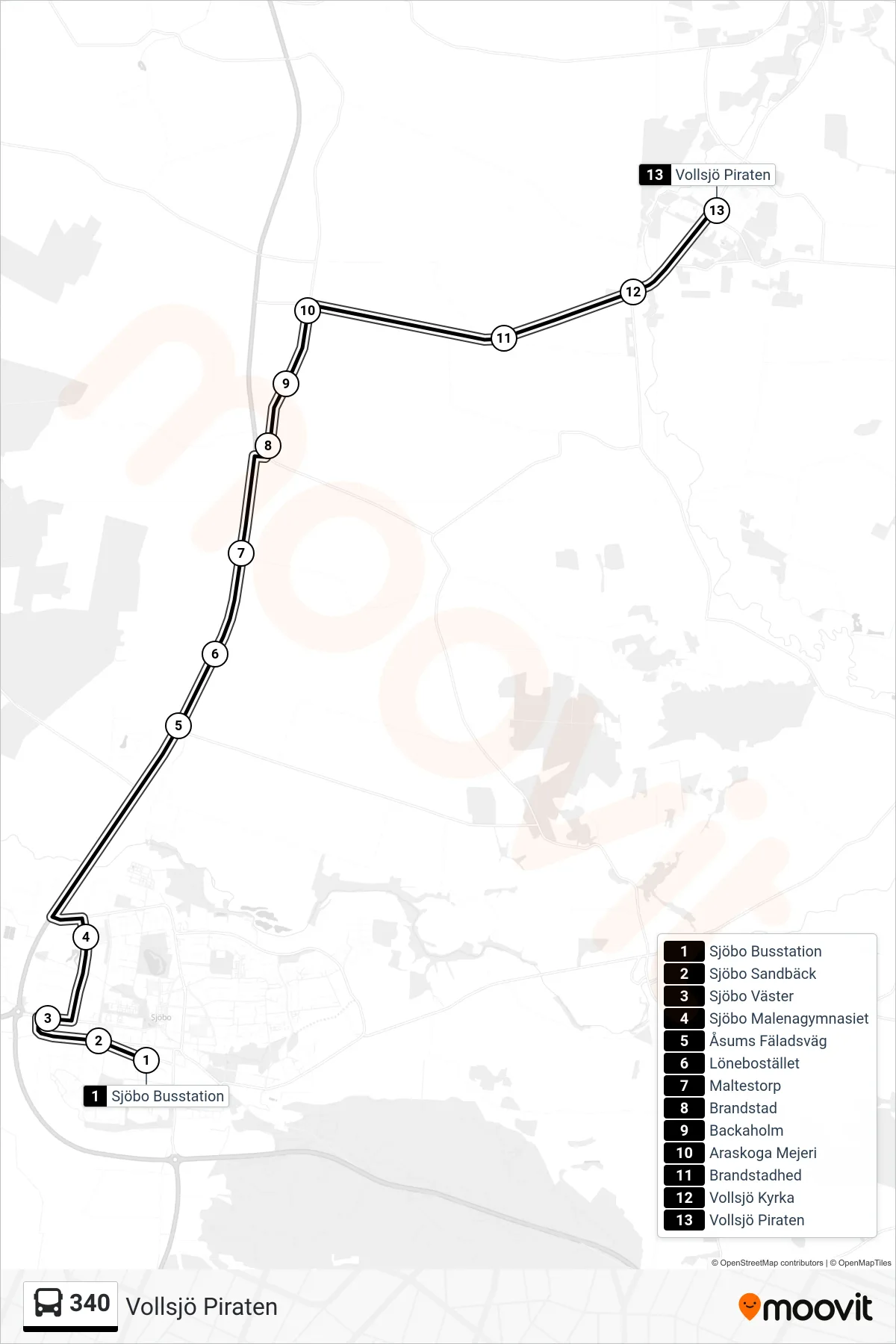 Rutt och hållplatser på karta för linje 340 spårvagn, (Vollsjö Piraten)