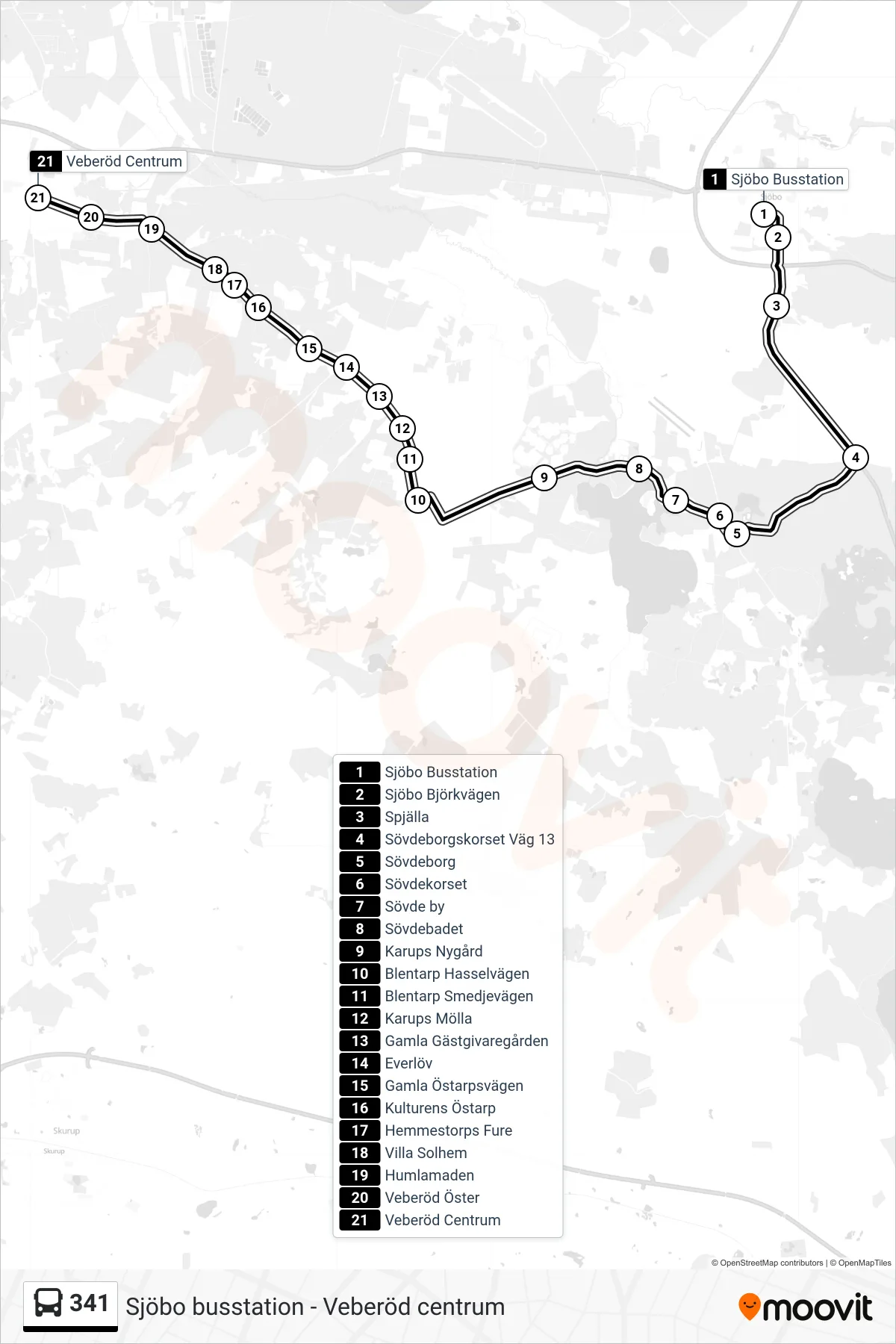Rutt och hållplatser på karta för linje 341  spårvagn, (Veberöd Centrum)