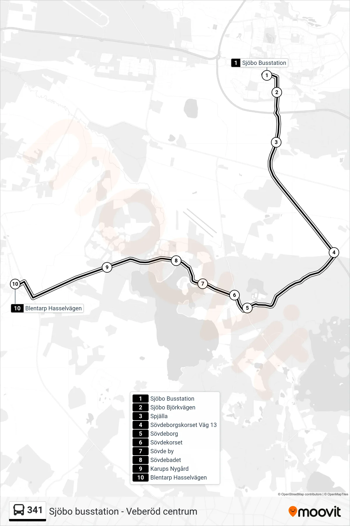 Rutt och hållplatser på karta för linje 341 spårvagn, (Blentarp Hasselvägen)