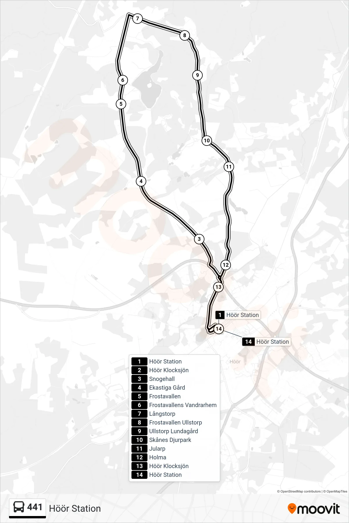 Rutt och hållplatser på karta för linje 441  spårvagn, (Höör Station)