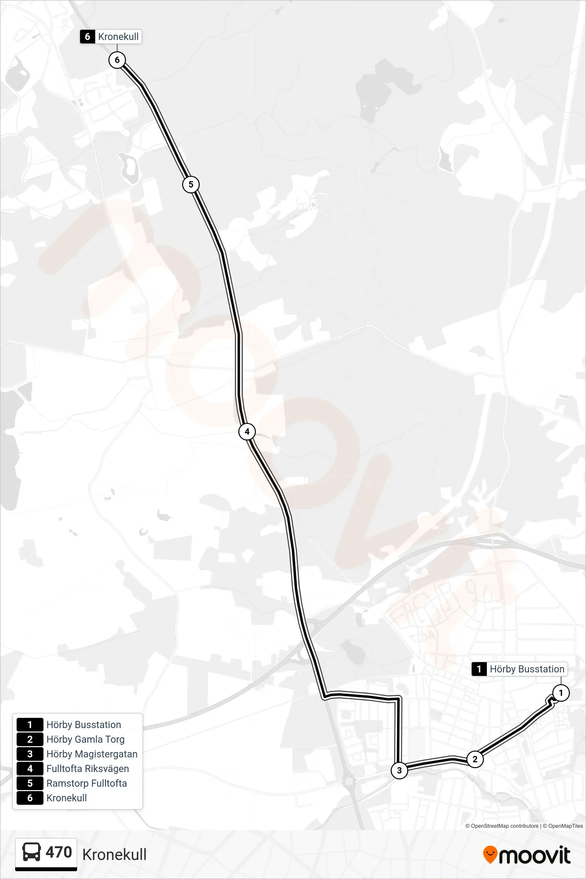 Rutt och hållplatser på karta för linje 470  spårvagn, (Kronekull)