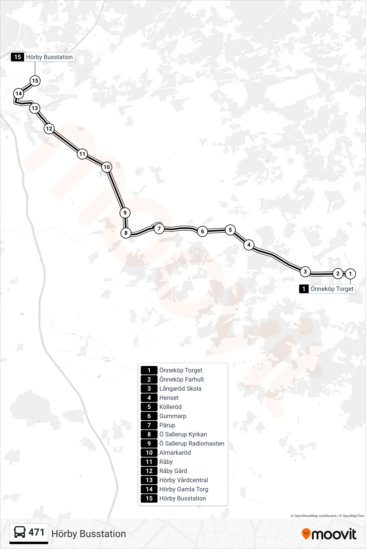 Rutt och hållplatser på karta för linje 471 spårvagn, (Hörby Busstation)
