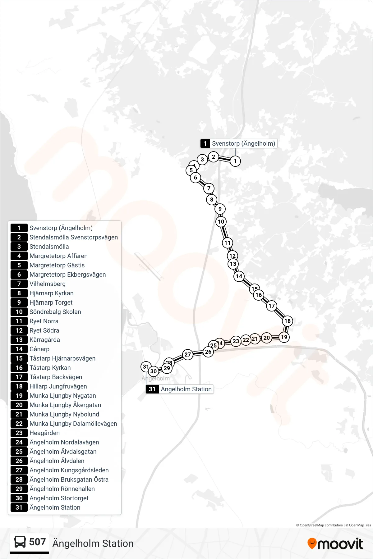 Rutt och hållplatser på karta för linje 507  spårvagn, (Ängelholm Station)