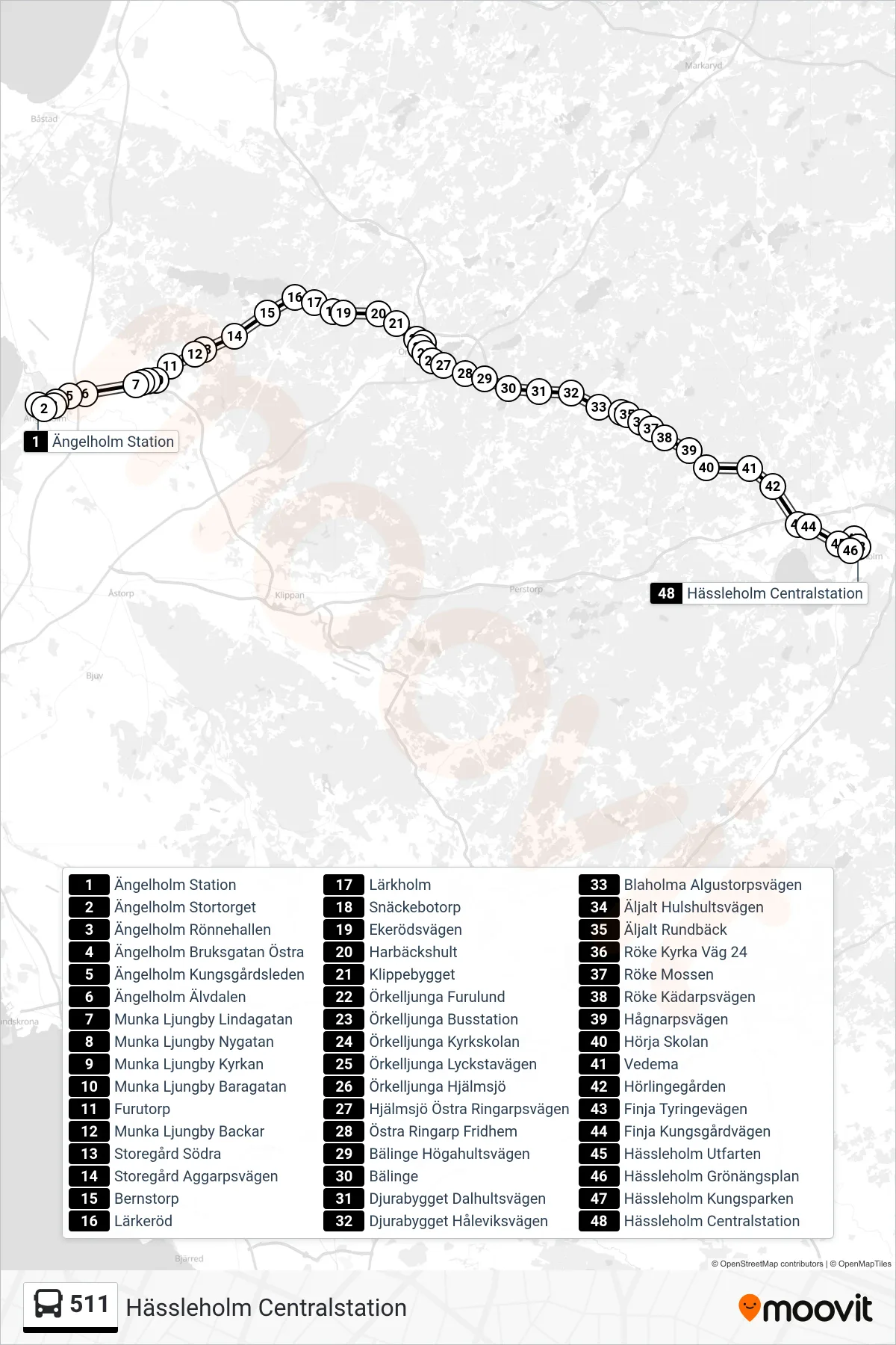 Rutt och hållplatser på karta för linje 511 spårvagn, (Hässleholm Centralstation)