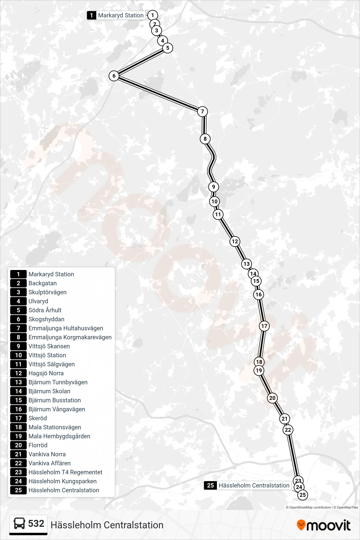 Rutt och hållplatser på karta för linje 532  spårvagn, (Hässleholm Centralstation)