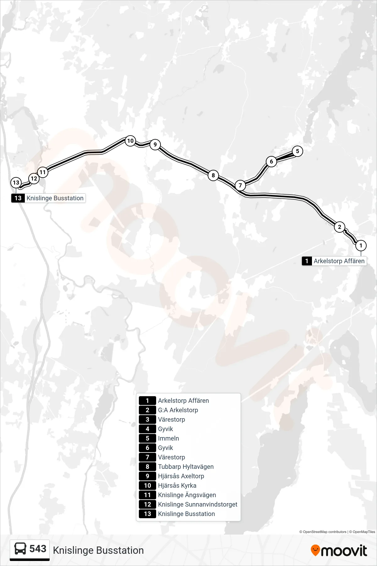 Rutt och hållplatser på karta för linje 543 spårvagn, (Knislinge Busstation)