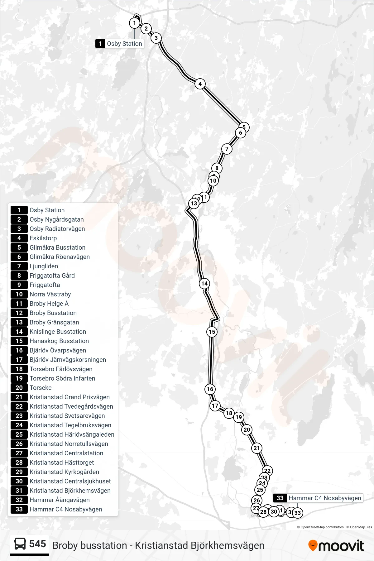 Rutt och hållplatser på karta för linje 545  spårvagn, (Hammar C4 Nosabyvägen)