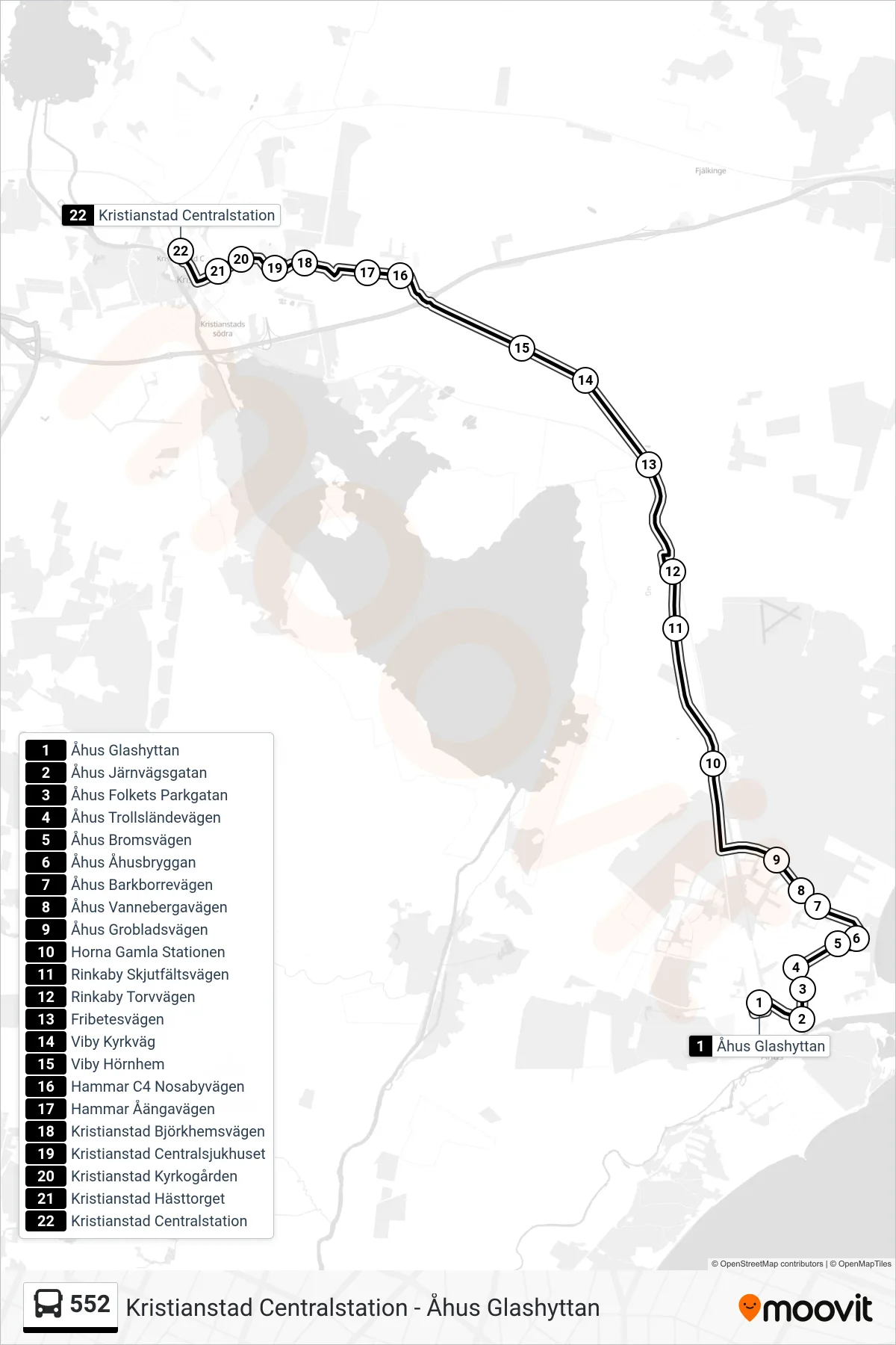 Rutt och hållplatser på karta för linje 552  spårvagn, (Kristianstad Centralstation)