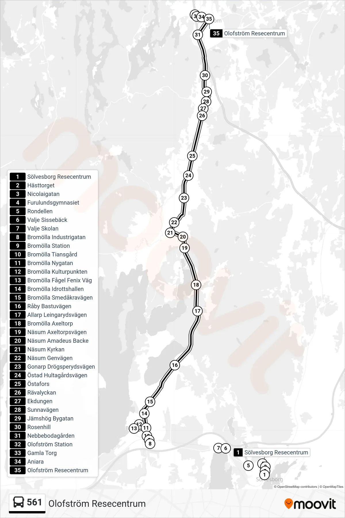 Rutt och hållplatser på karta för linje 561  spårvagn, (Olofström Resecentrum)