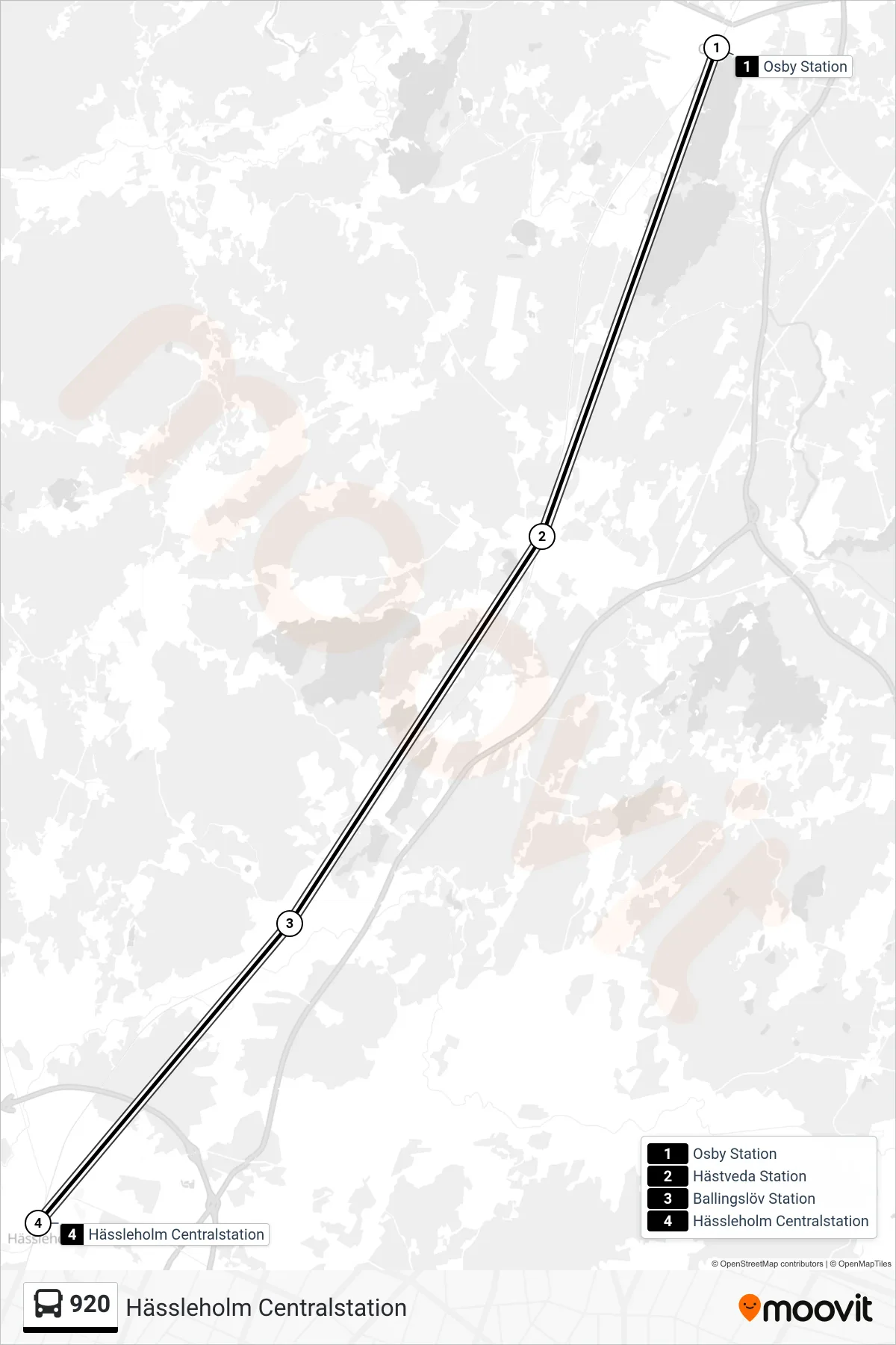 Rutt och hållplatser på karta för linje 920 spårvagn, (Hässleholm Centralstation)
