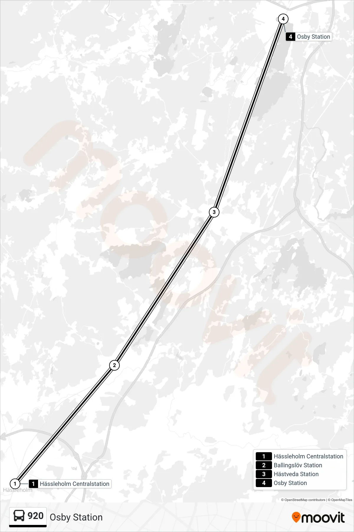 Rutt och hållplatser på karta för linje 920 spårvagn, (Osby Station)