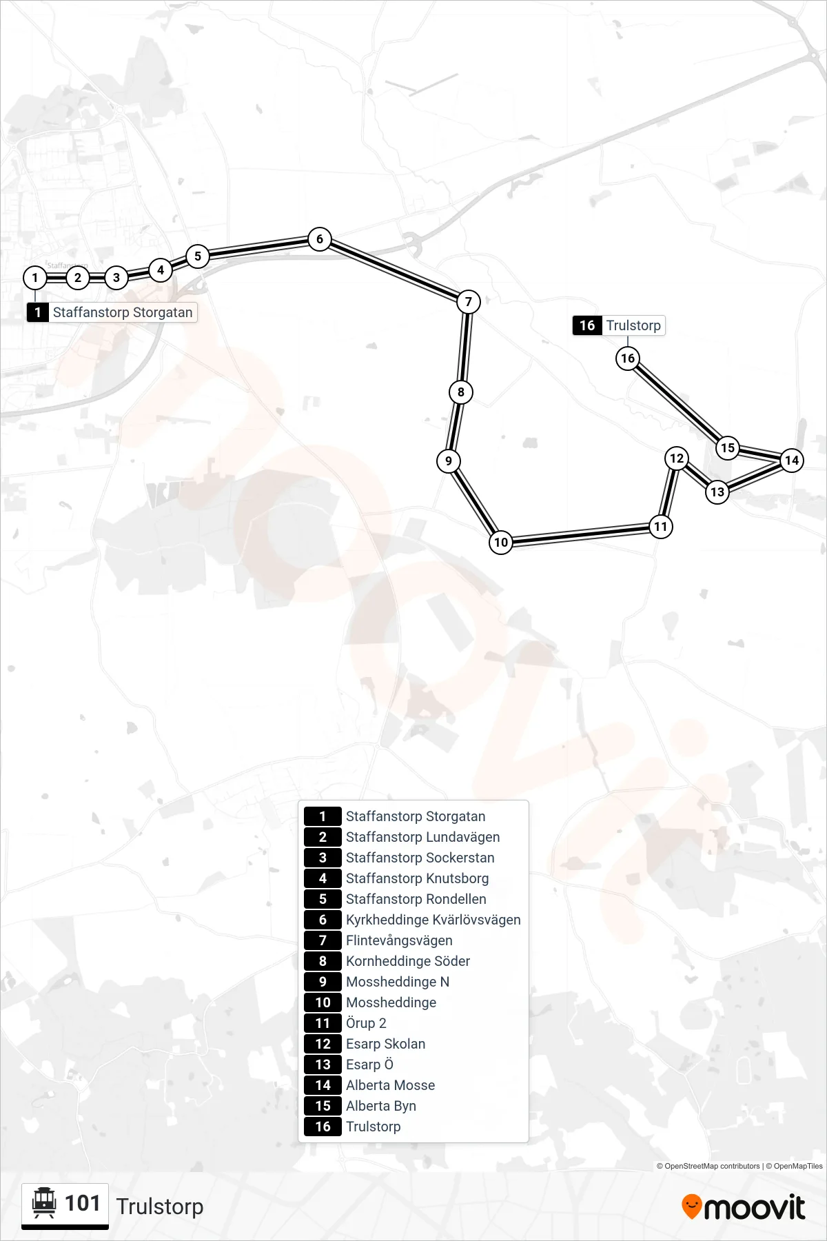 Rutt och hållplatser på karta för linje 101 spårvagn, (Trulstorp)