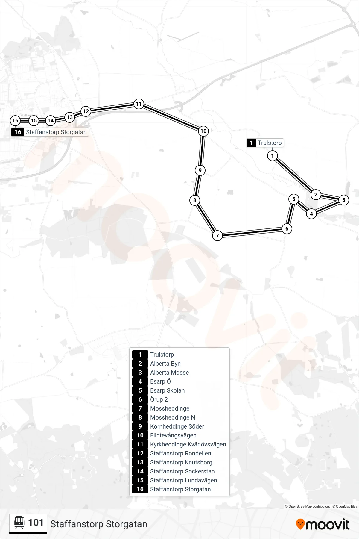 Rutt och hållplatser på karta för linje 101 spårvagn, (Staffanstorp Storgatan)