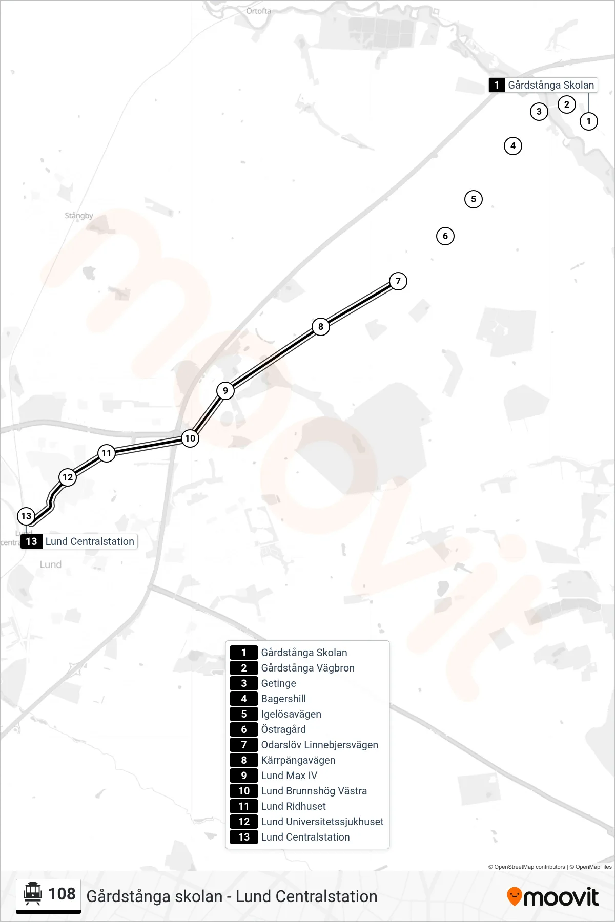Rutt och hållplatser på karta för linje 108  spårvagn, (Lund Centralstation)