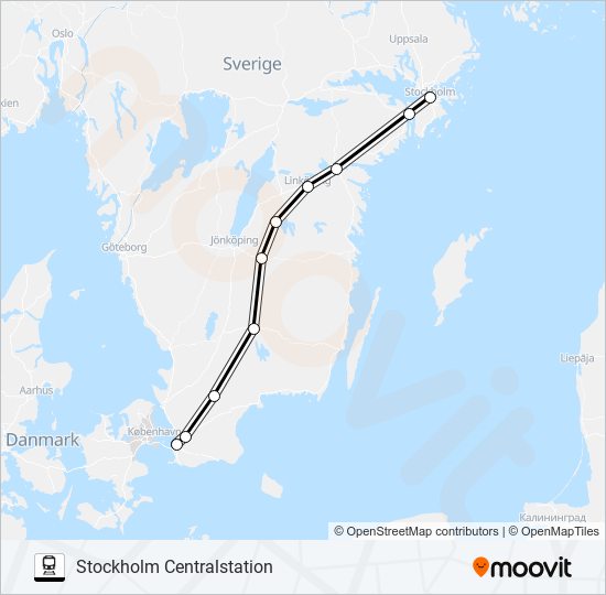 KÖPENHAMN H - STOCKHOLM CENTRALSTATION tåg Linje karta