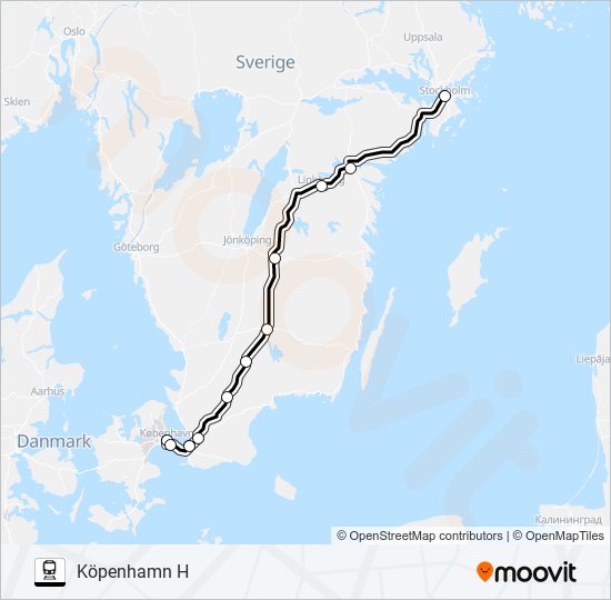 STOCKHOLM CENTRALSTATION - KÖPENHAMN H tåg Linje karta