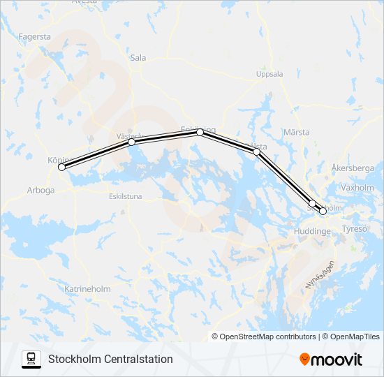 KÖPING STATION - STOCKHOLM CENTRALSTATION tåg Linje karta