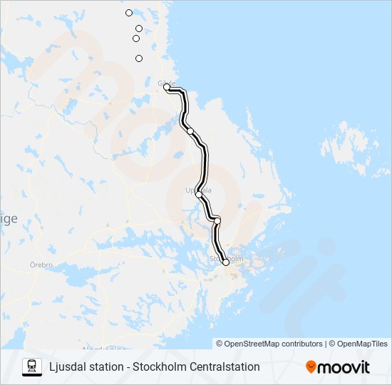 LJUSDAL STATION - STOCKHOLM CENTRALSTATION train Line Map