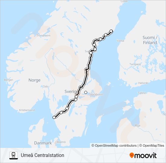 GÖTEBORG CENTRALSTATION - UMEÅ CENTRALSTATION tåg Linje karta