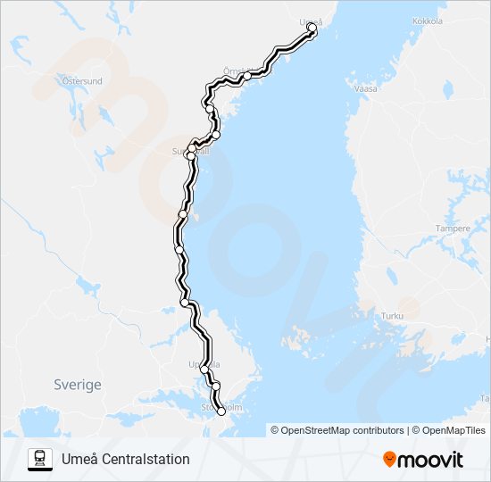 STOCKHOLM CENTRALSTATION - UMEÅ CENTRALSTATION train Line Map