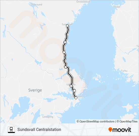 STOCKHOLM CENTRALSTATION - UMEÅ CENTRALSTATION tåg Linje karta