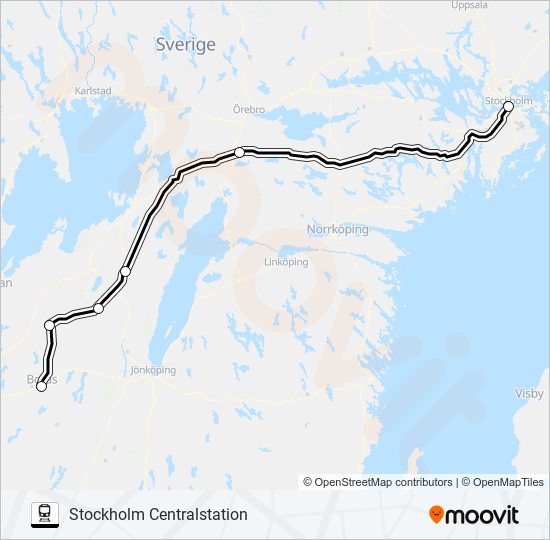 BORÅS CENTRALSTATION - STOCKHOLM CENTRALSTATION tåg Linje karta