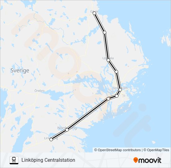 GÄVLE CENTRALSTATION - LINKÖPING CENTRALSTATION tåg Linje karta