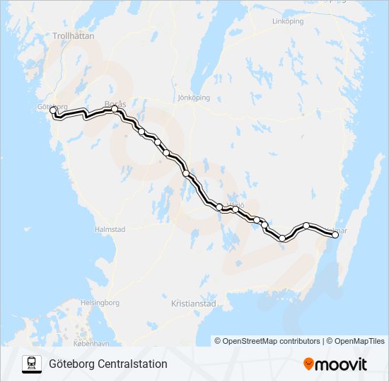 KALMAR CENTRALSTATION - GÖTEBORG CENTRALSTATION train Line Map