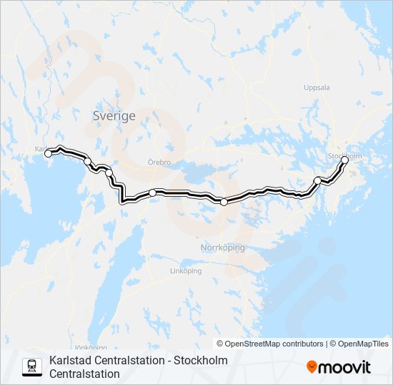 KARLSTAD CENTRALSTATION - STOCKHOLM CENTRALSTATION tåg Linje karta