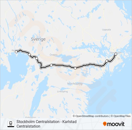 STOCKHOLM CENTRALSTATION - KARLSTAD CENTRALSTATION tåg Linje karta