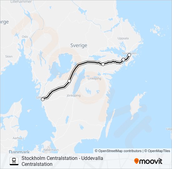 STOCKHOLM CENTRALSTATION - UDDEVALLA CENTRALSTATION tåg Linje karta