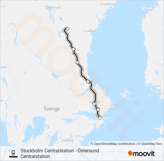 STOCKHOLM CENTRALSTATION - ÖSTERSUND CENTRALSTATION tåg Linje karta