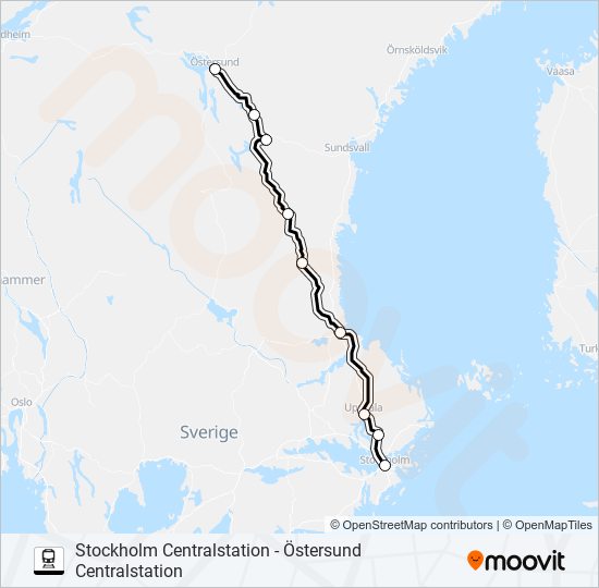 STOCKHOLM CENTRALSTATION - ÖSTERSUND CENTRALSTATION tåg Linje karta