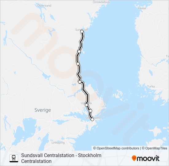 SUNDSVALL CENTRALSTATION - STOCKHOLM CENTRALSTATION tåg Linje karta