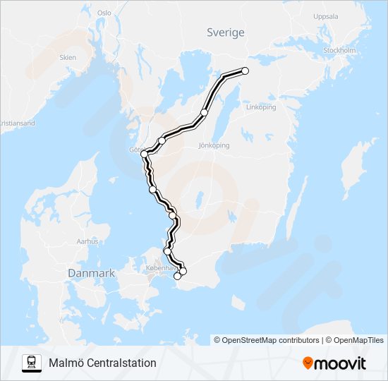 STOCKHOLM CENTRALSTATION - HELSINGBORG CENTRALSTATION tåg Linje karta