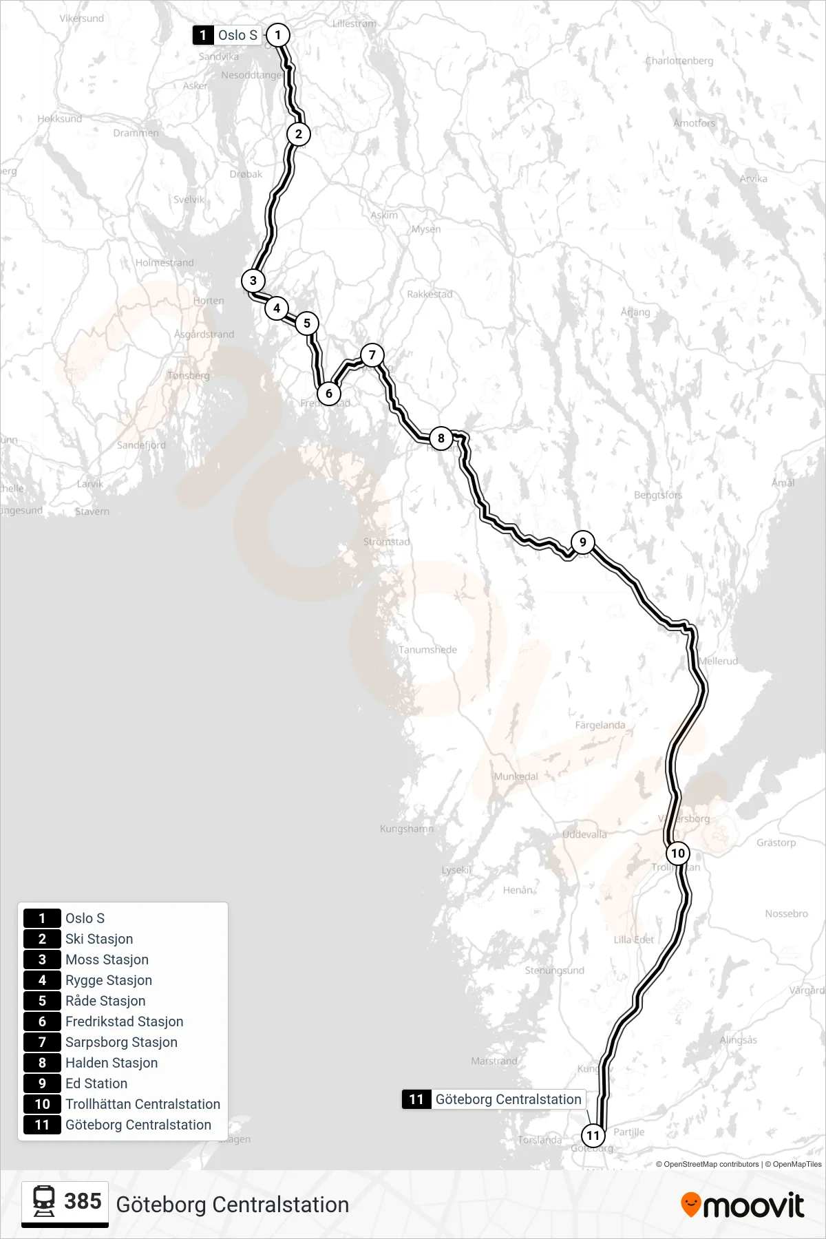 Rutt och hållplatser på karta för linje 385 spårvagn, (Göteborg Centralstation)