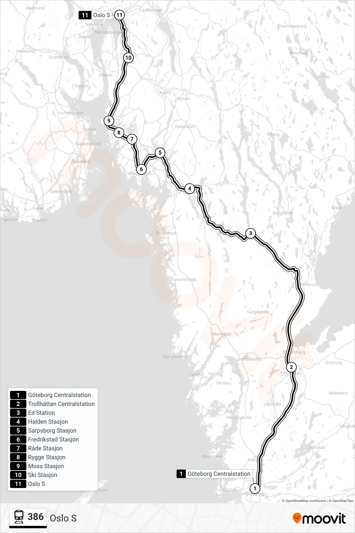 Rutt och hållplatser på karta för linje 386 spårvagn, (Oslo S)