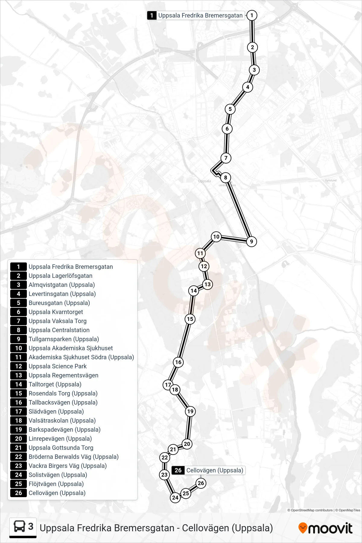 Rutt och hållplatser på karta för linje 3  spårvagn, (Cellovägen (Uppsala))