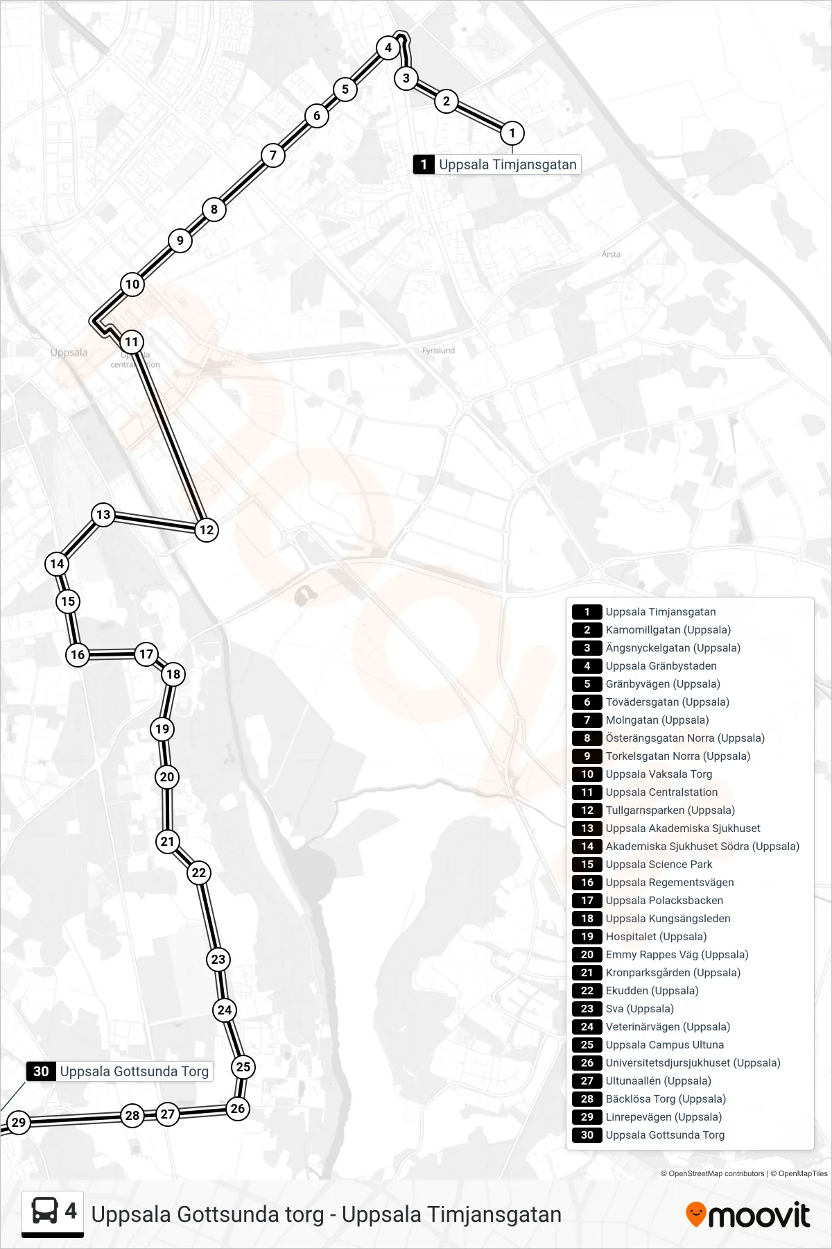 Rutt och hållplatser på karta för linje 4  spårvagn, (Uppsala Gottsunda Torg)