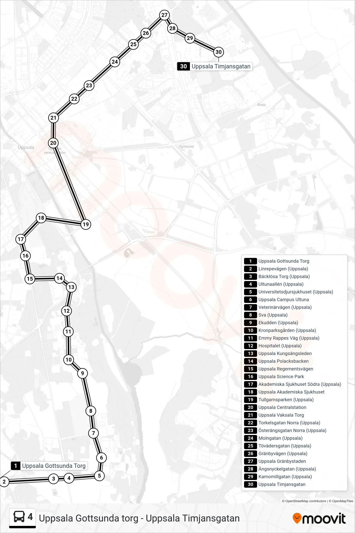 Rutt och hållplatser på karta för linje 4  spårvagn, (Uppsala Timjansgatan)