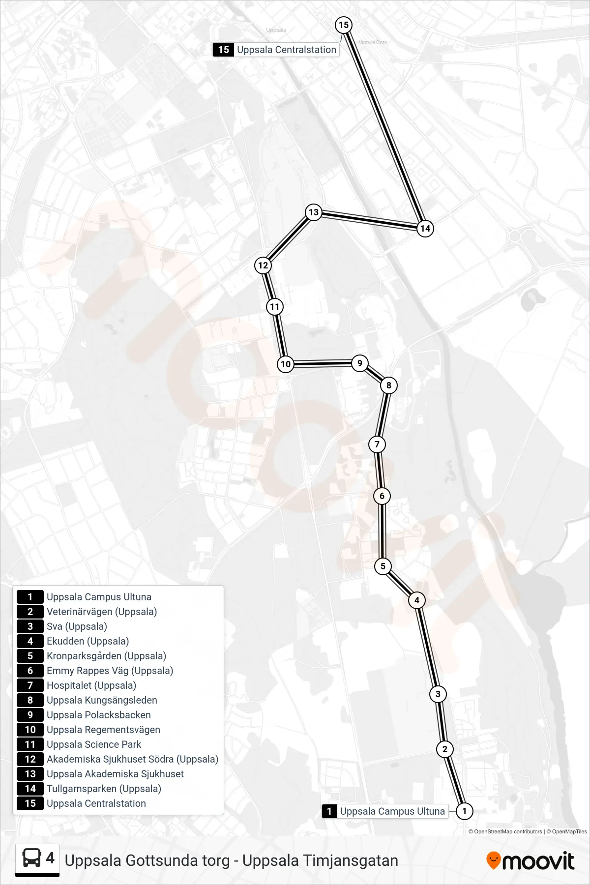 Rutt och hållplatser på karta för linje 4  spårvagn, (Uppsala Centralstation)