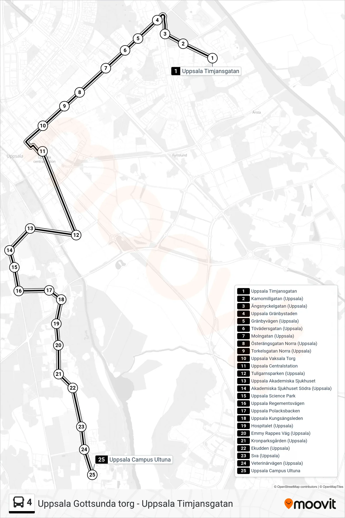 Rutt och hållplatser på karta för linje 4 spårvagn, (Uppsala Campus Ultuna)