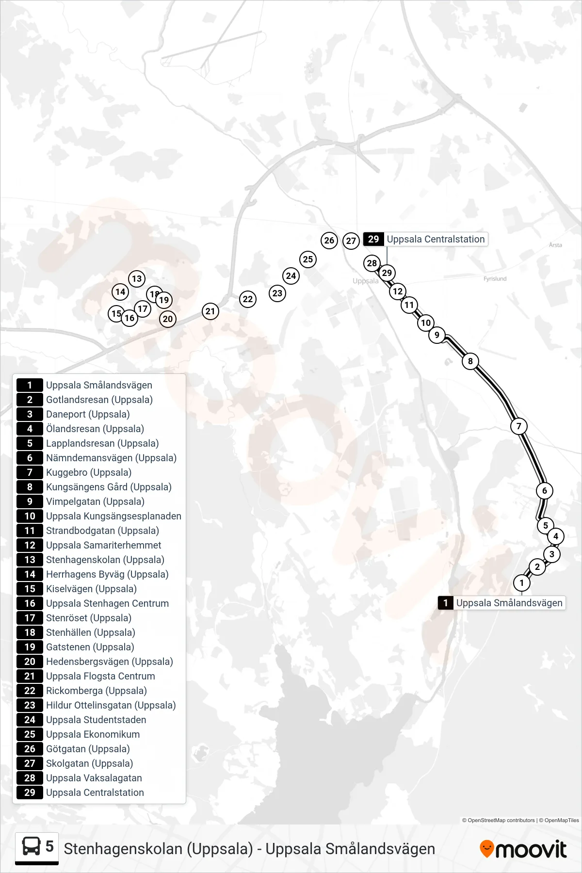 Rutt och hållplatser på karta för linje 5 spårvagn, (Uppsala Centralstation)
