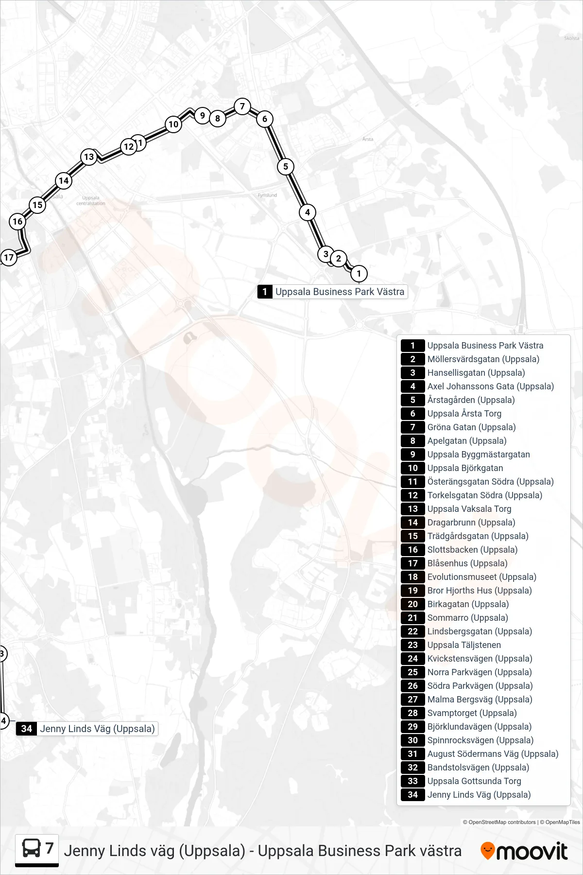 Rutt och hållplatser på karta för linje 7 spårvagn, (Jenny Linds Väg (Uppsala))