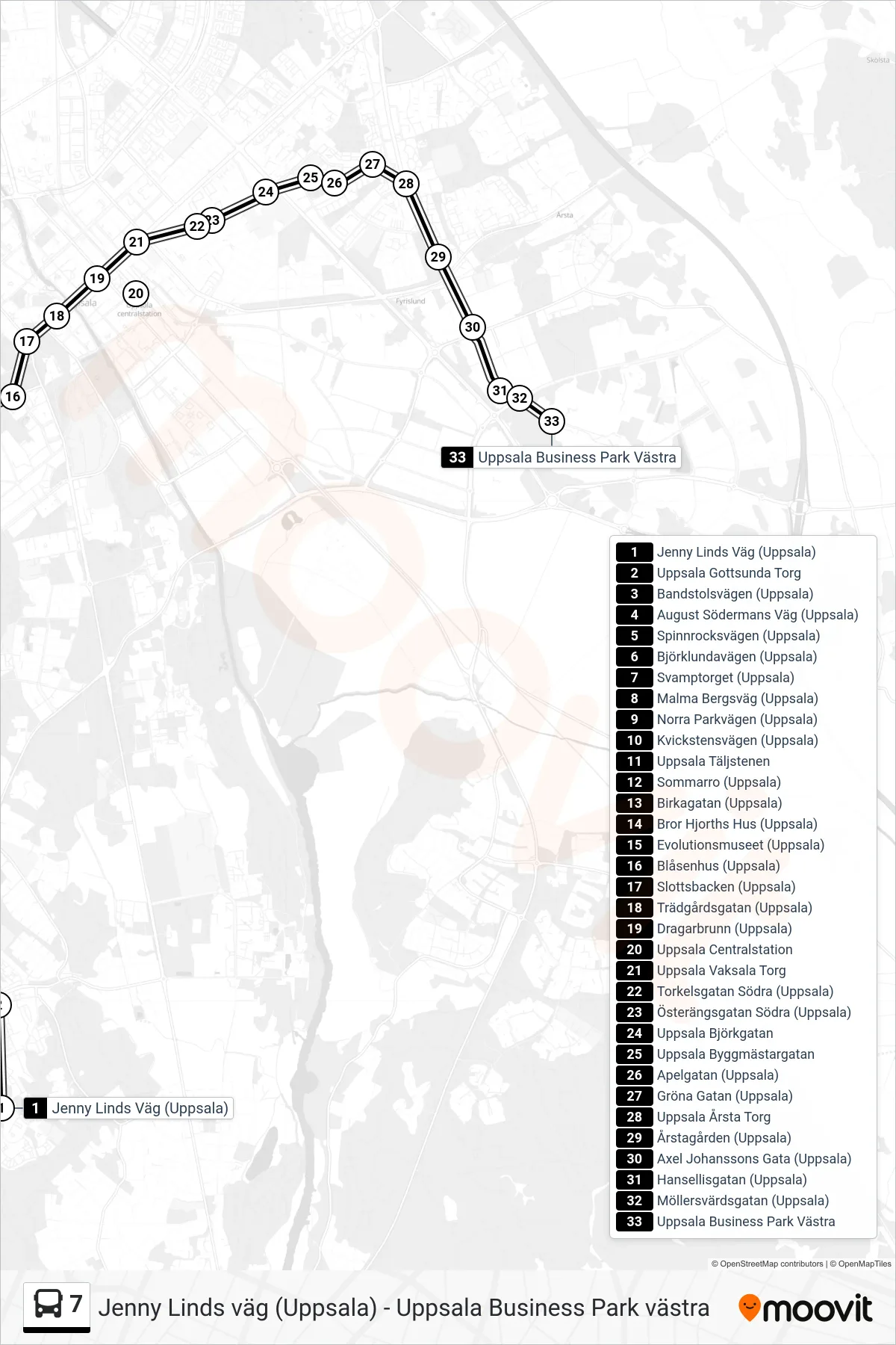 Rutt och hållplatser på karta för linje 7 spårvagn, (Uppsala Business Park Västra)
