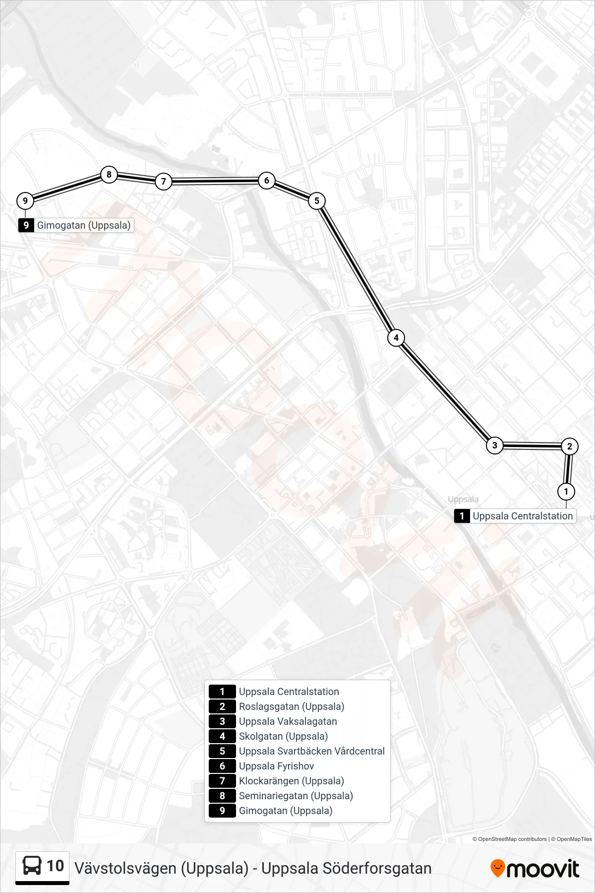 Rutt och hållplatser på karta för linje 10 spårvagn, (Gimogatan (Uppsala))